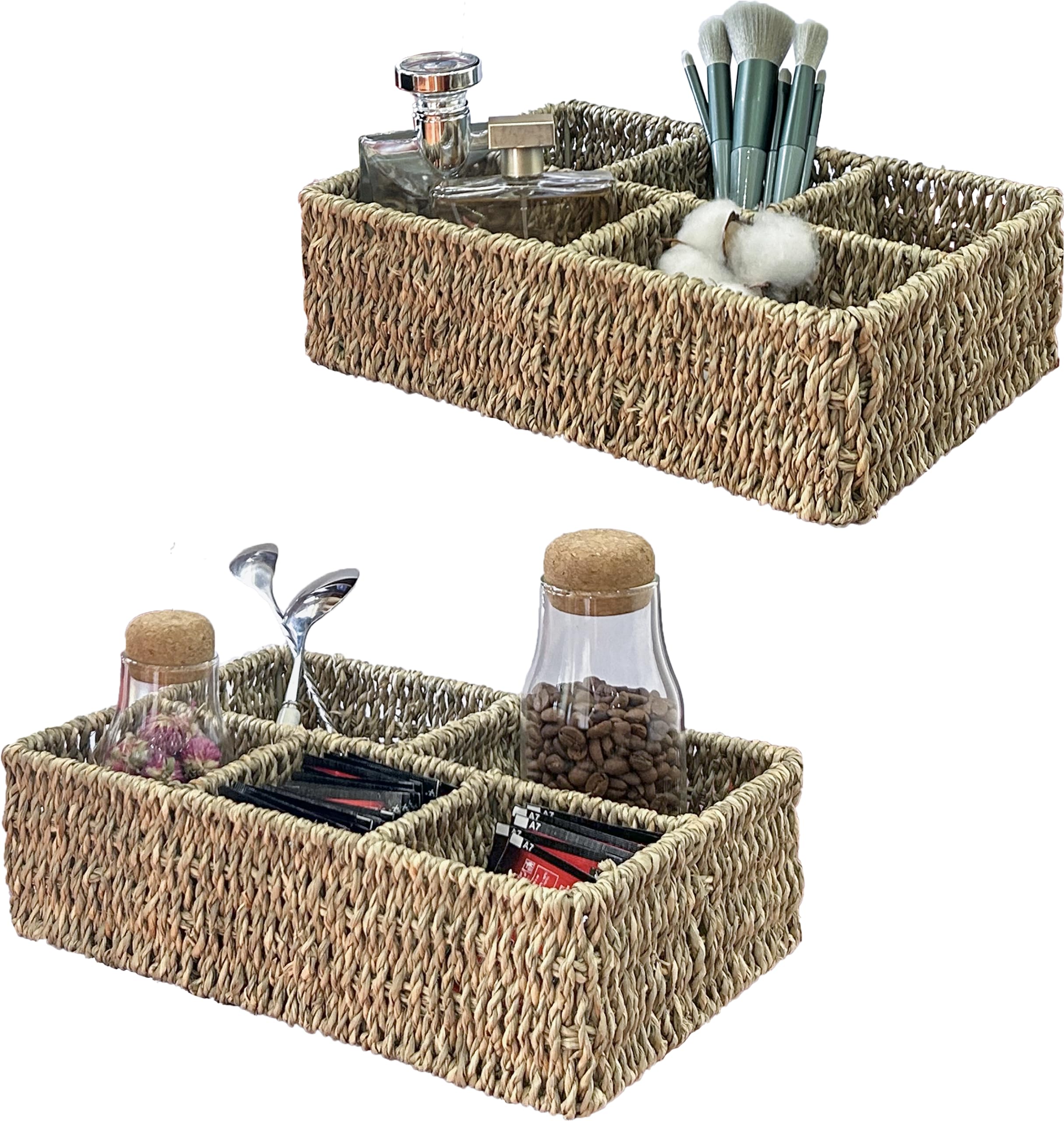Ellinia Wicker Coffee Station Desk Pod Organizer, Wicker Divided Storage Basket Container with 5 Sections, Seagrass Baskets for Tea Bag Organizer, Caddy for Drawer Organizing, Set of 2