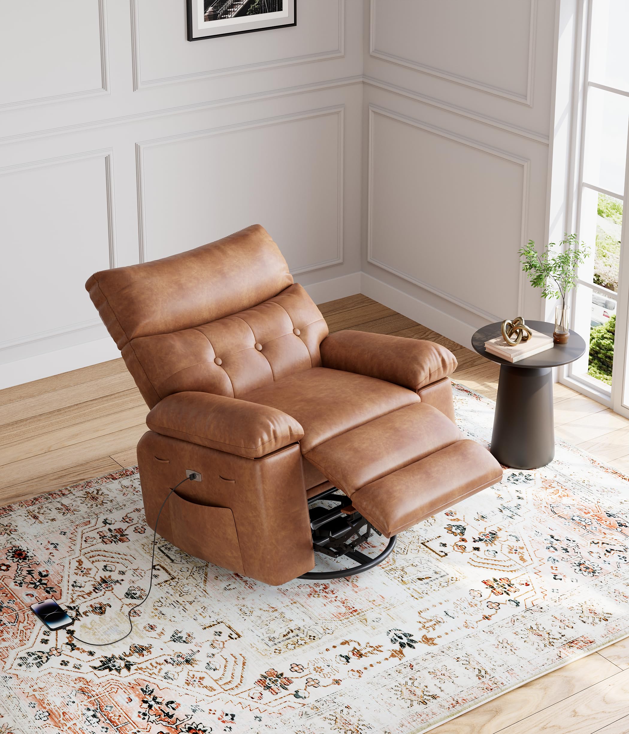 DEXSO Oversized Power Rocker Swivel Recliner Chair - Heat and Massage, PU Leather Electric Glider Rocking Chair with USB Port, Glider Recliner Nursery