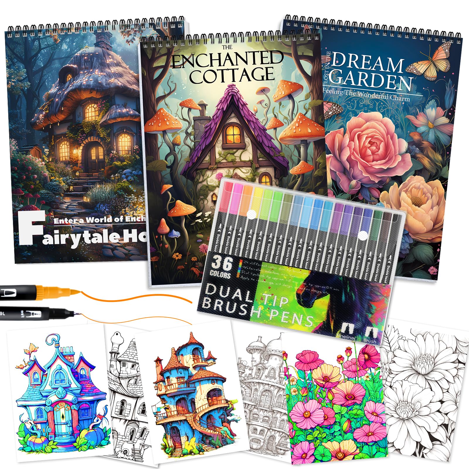 3Pcs Adult Coloring Book for Women Relaxation, 36 Colors Markers with Spiral Bound Adult Coloring Book for Women, 36 Dual Tip Colors Markers, Anxiety