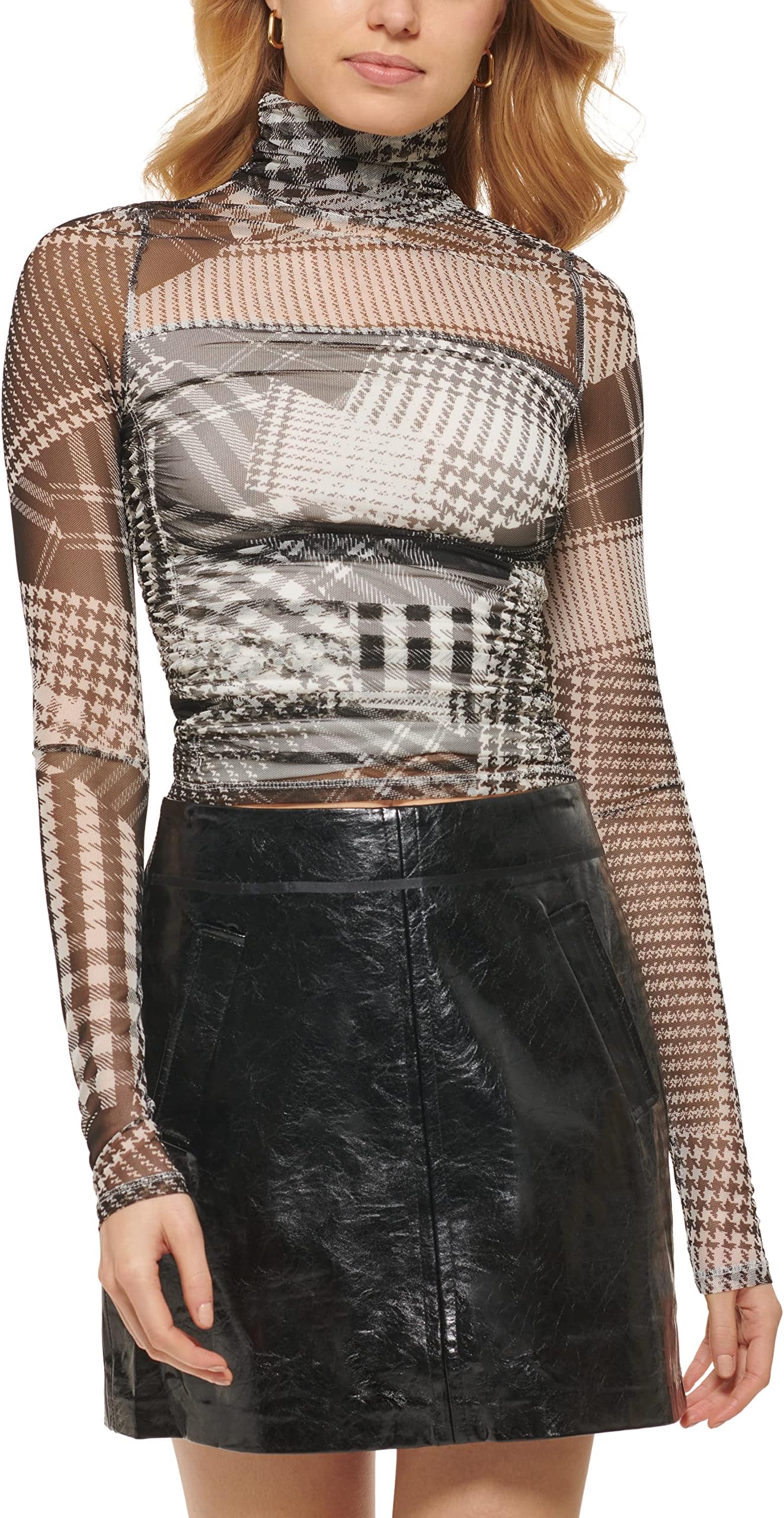 DKNYWomen's Plaid Mesh Printed Top
