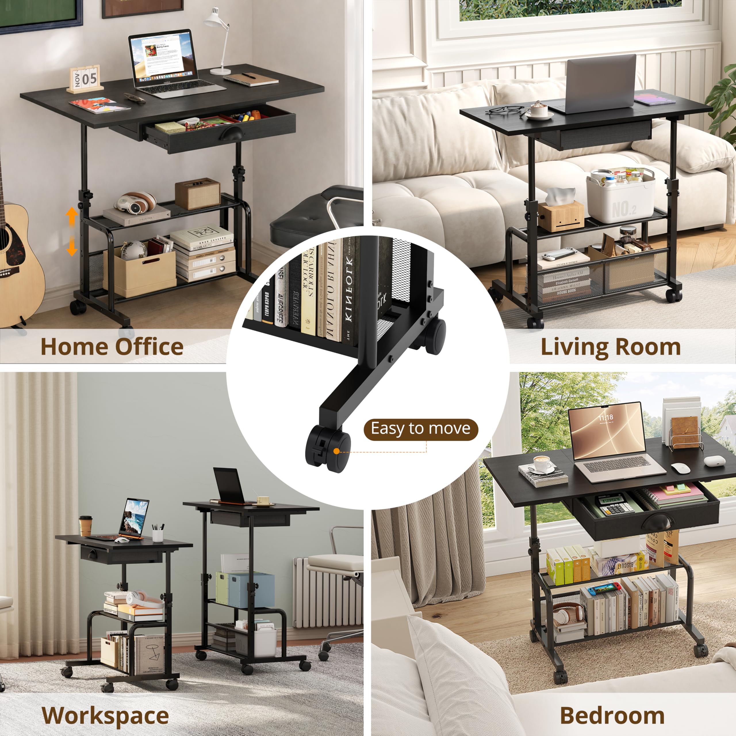 Adjustable Height Small Computer Desk with Drawers Portable Rolling Desk for Seated Use 32 Laptop Desk for Home — view 5