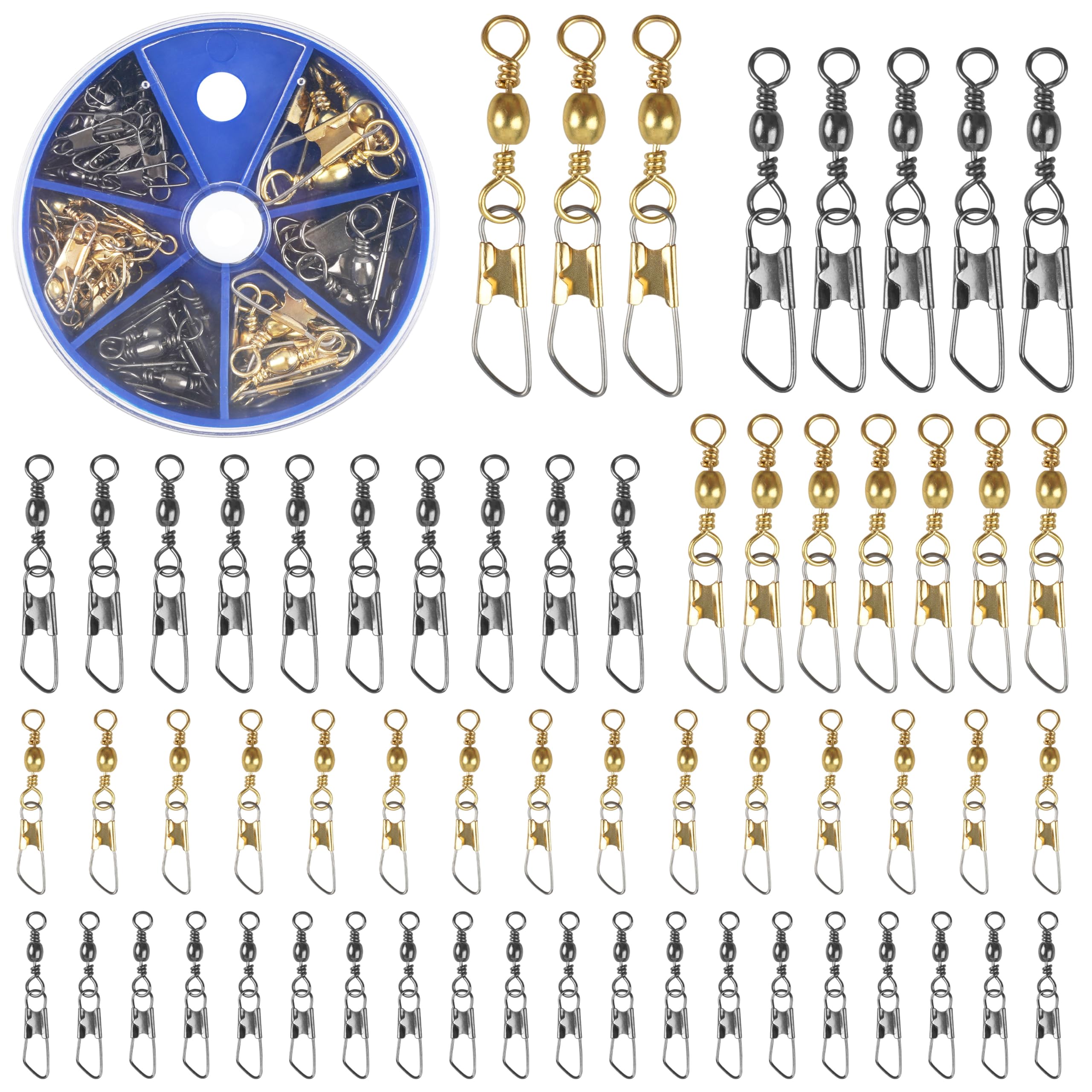JOGFFDE Fishing Barrel Swivel Snap Kit - 60pcs Barrel Swivel with Safety Snap High Strength Quick Connect Fishing Snap Swivels with Solid Ring Fishing Tackle Accessories Assorted 6 Sizes
