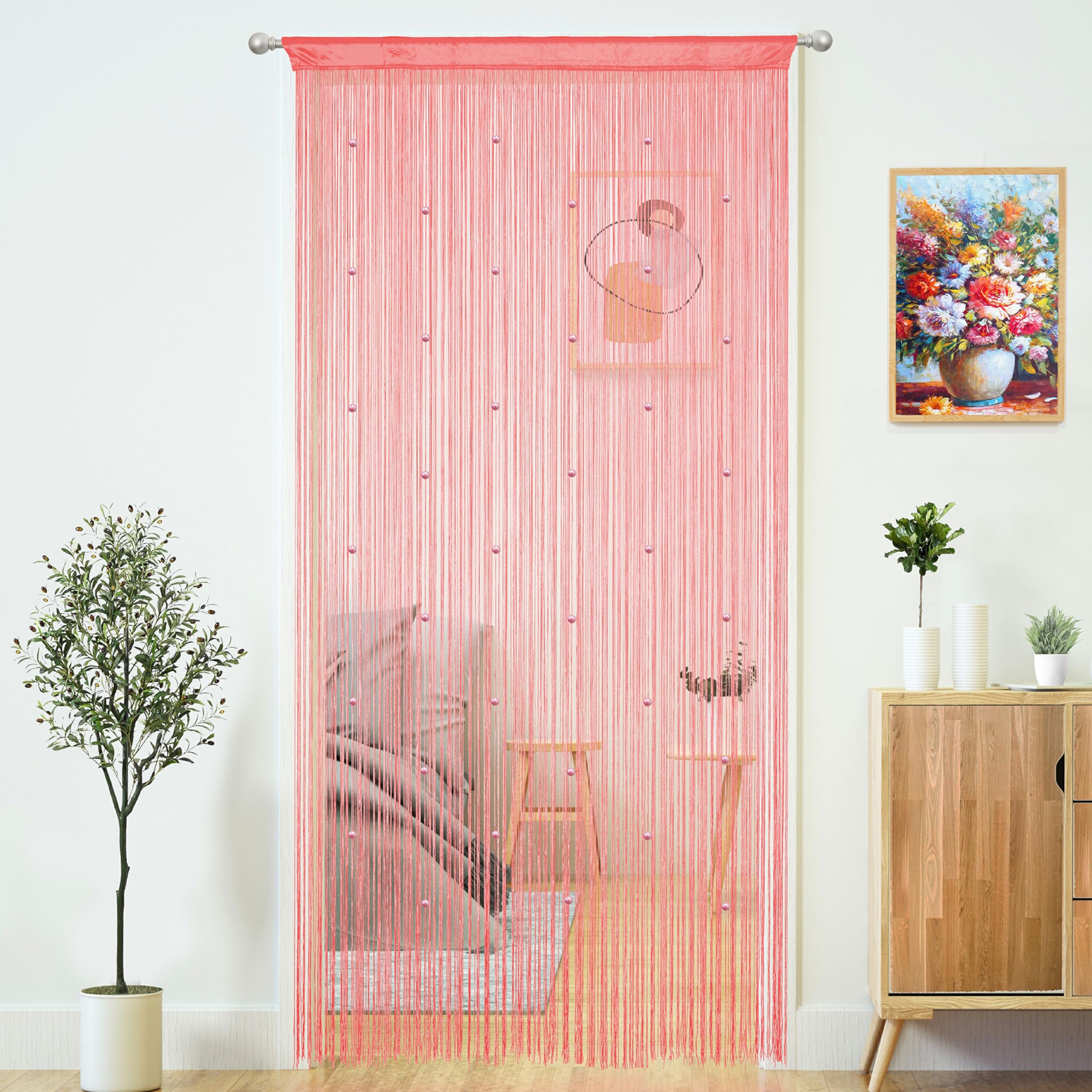 YaoYue Beaded Curtain Door String Curtains for Doorways Tassels Beads Hanging Fringe Hippie Window Hallway Entrance Wall Closet Bedroom Privacy Decor (Pink, 39" W x 110" L (Pack of 1))
