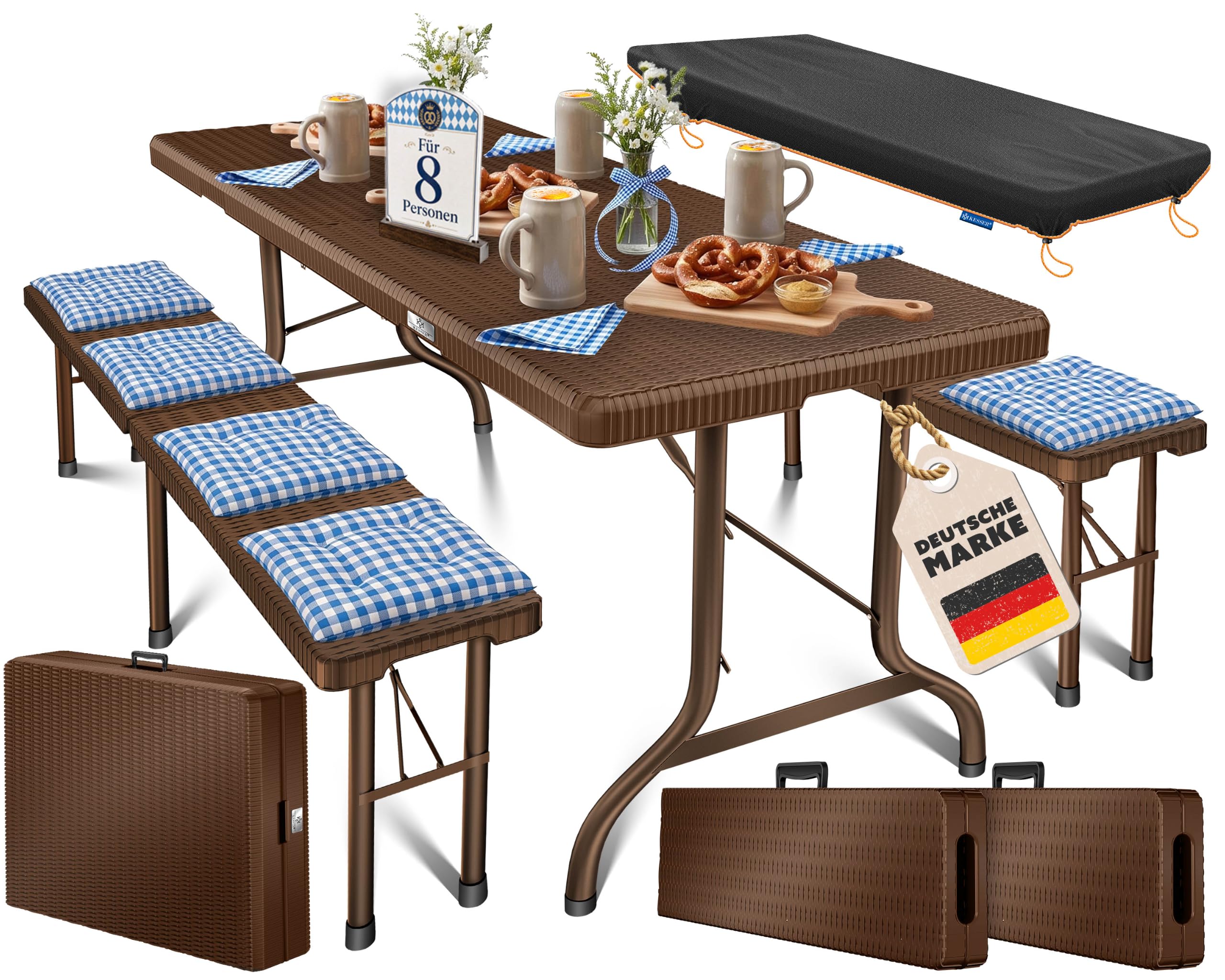 KESSER® Ensemble de Tente à bière, Set de 3 pièces : Table + 2 bancs, pour l'intérieur et l'extérieur, Pliable, avec poignées de Transport, Plastique, Aspect rotin | Meubles de Jardin, Marron