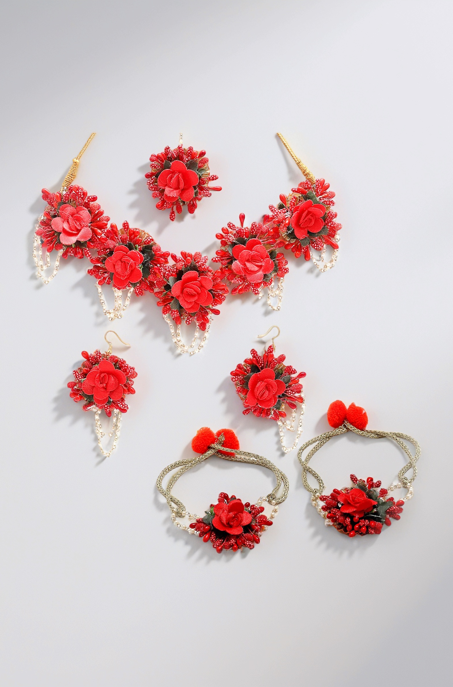 Jewellery Flowers Jewellery Set For Haldi Gota Patti Necklace, Earrings, Bracelet & Maang Tika for Women & Girls (Mehandi/Haldi/Wedding/Bridal/Baby Shower)