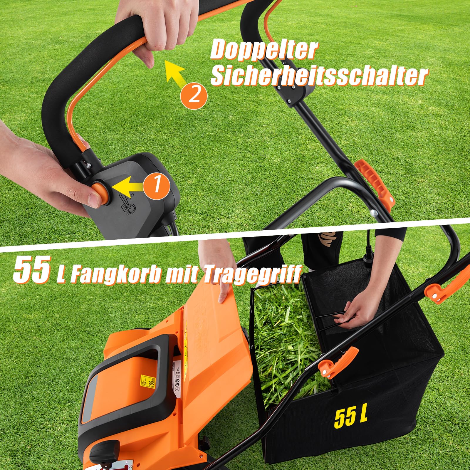 COSTWAY Elektryczny wertykulator 2 w 1, 41 cm, 15 A, 3 poziomy regulacji wysokości, 5-stopniowa głębokość robocza, składany wentylator do trawnika GEH, 55 l