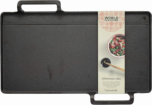 KitchenCraft World of Flavours Japanese Teppanyaki Grill Plate, Cast Iron, Black, 42.5 x 29 x 4.5 cm