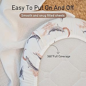Gllquen Baby Muslin Bassinet Sheets 3 Pack, Breathable Elastic Cozy Fitted Cotton Bassinet Mattress Sheet for Baby Boy Girls, Fit for Hourglass Oval Rectangular Cradle Pad Sheets 33"x17" (Whale)