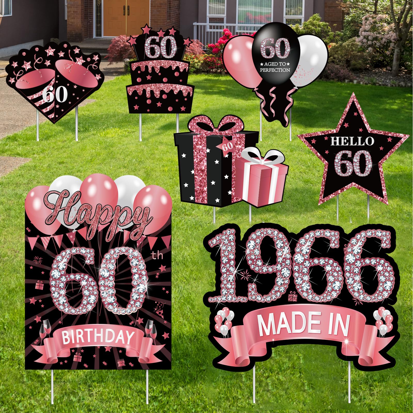 7Pcs Rose Gold 60th Birthday Yard Sign Decorations for Women,Happy 60th Birthday Made in 1964 Lawn Sign Party Supplies,Sixty Year Old Birthday Outdoor Yard Decor with Stakes