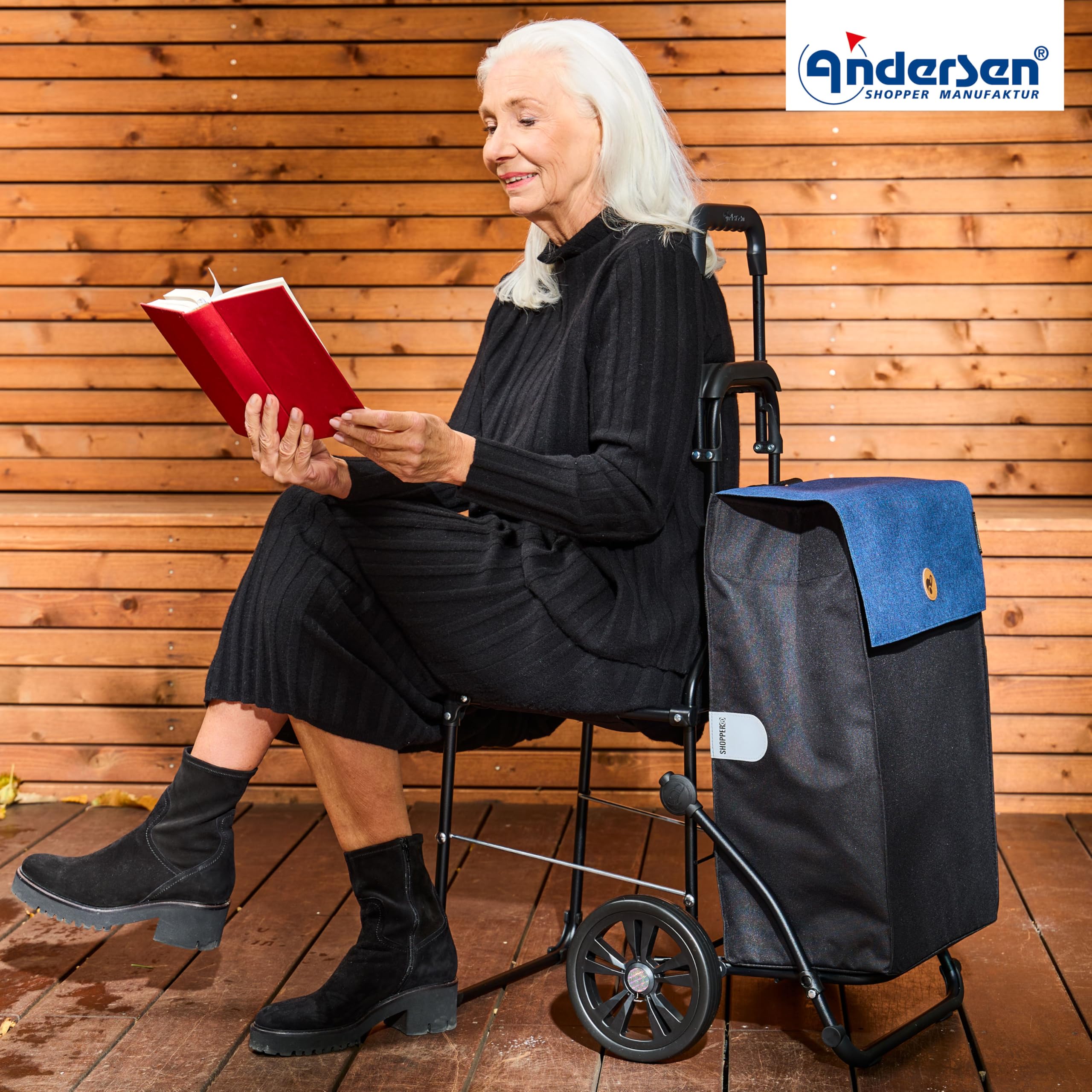 ANDERSEN Einkaufstrolley - Komfort Shopper Hera blau | mit Sitz, klappbar, aus Stahl, bis 50 kg - Tasche mit Seitentasche, Innenfach, Reflektoren, 47 L