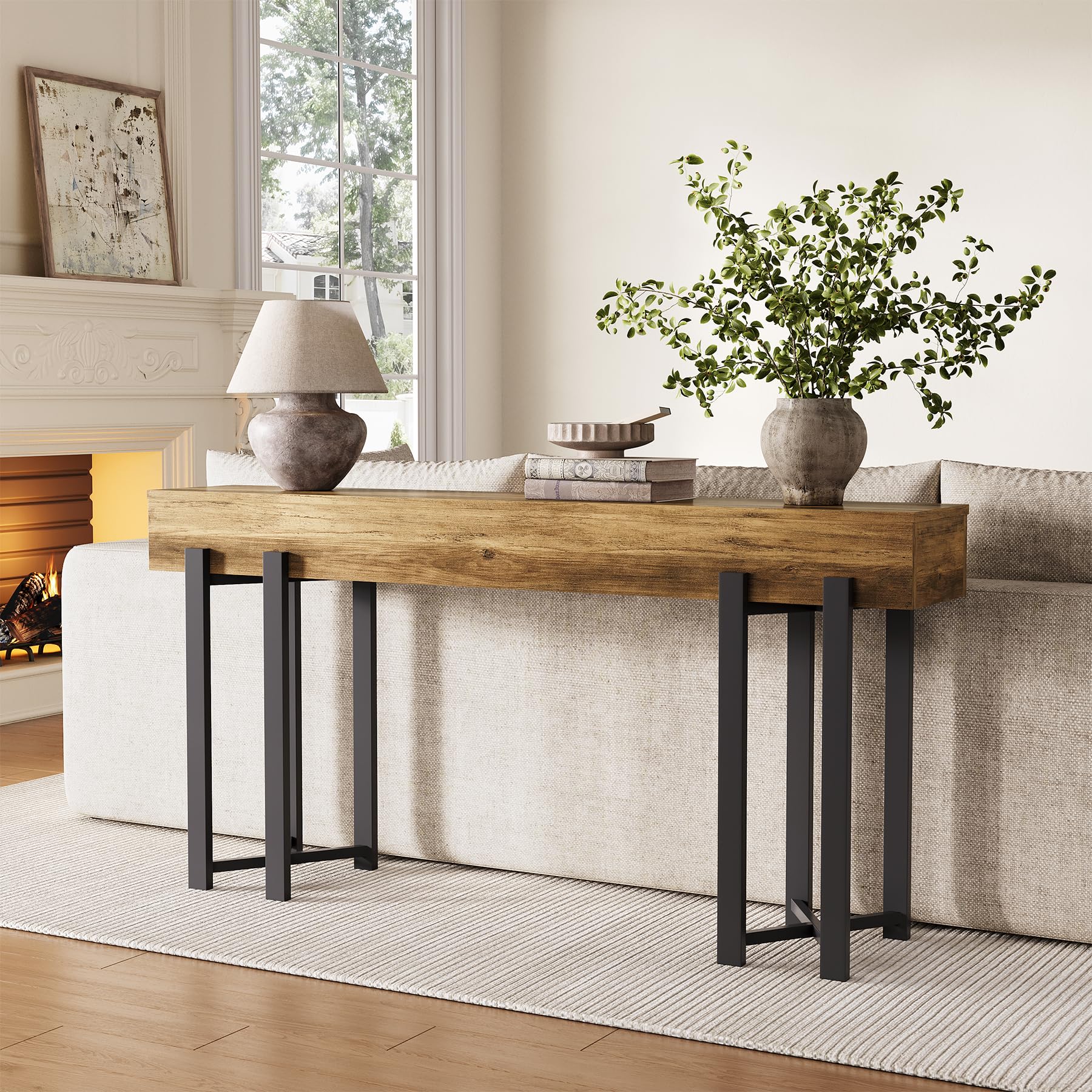 Tribesigns Mesa consola estrecha de 160 cm en estilo rústico, ahorra espacio para pasillo, pasillo y salón, como mesa de centro detrás del sofá o escritorio de oficina en casa con estructura de metal
