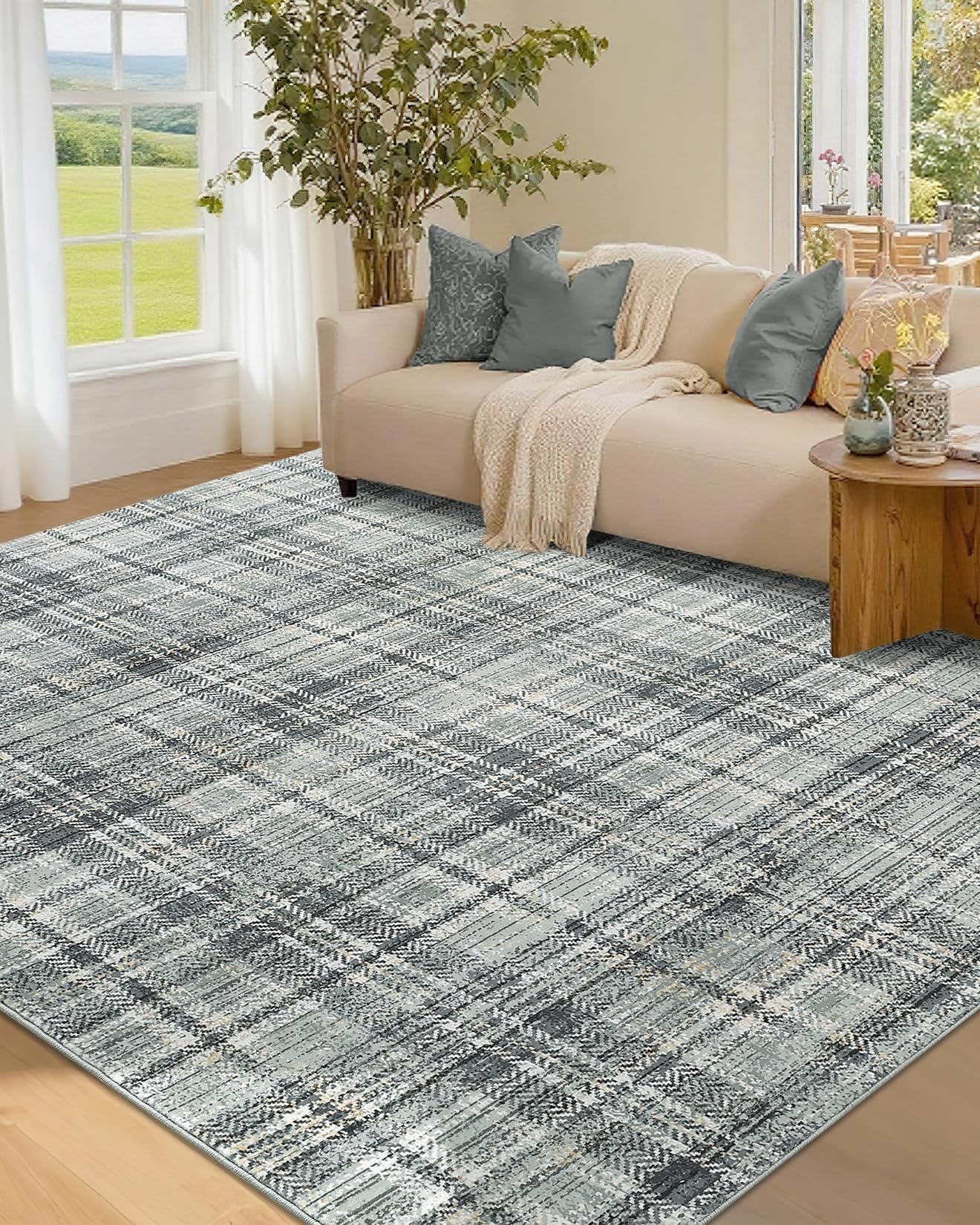 LUXLOOM 2x10 Runners for Hallway Non Slip Washable Kitchen Rugs, Farmhouse Tartan Plaid Area Rug Soft Low Pile Stain Resistant Indoor Carpet Runners for Entryways, Living Room