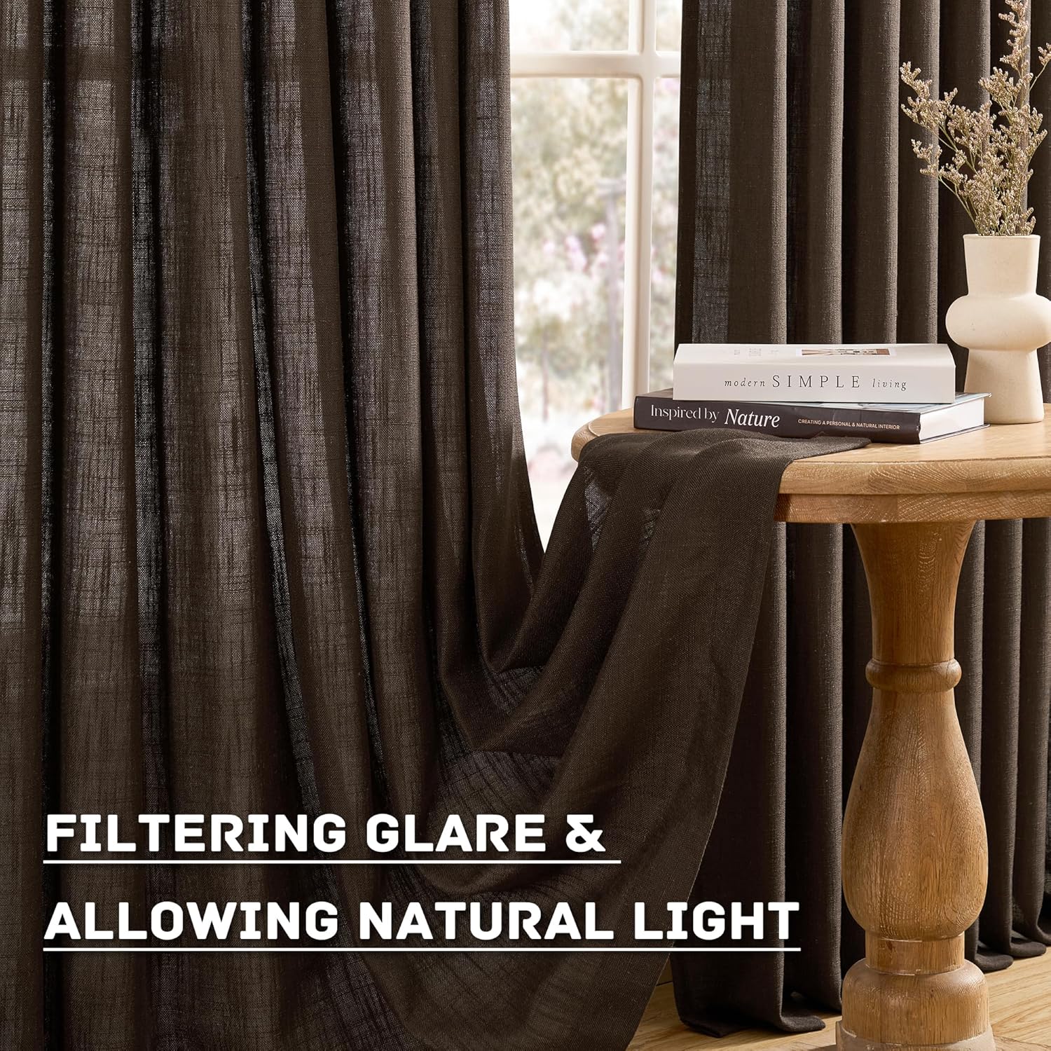 RAIN CITY Pleated Linen Curtains 96 Inches Long for Living Room Dining 2 Panel Set Farmhouse Boho Retro Privacy Memory Trained Shape for Track System Pinch Pleat with Hooks Brown 40 by 96 Inch