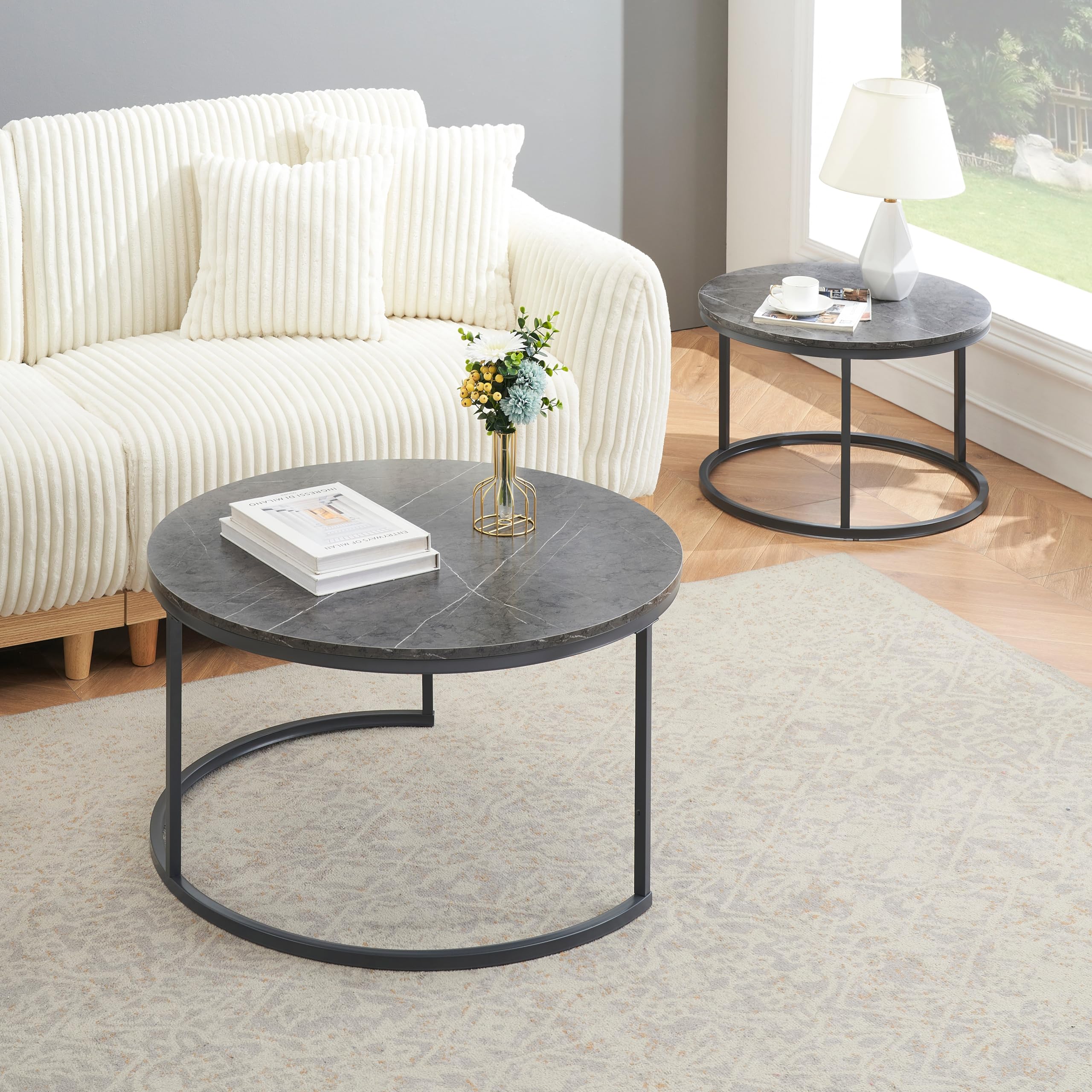 Couchtisch Set Grau Marmor Optik, Wohnzimmertisch für Couch, Grau Marmoroptik und Dunkelgrau Stahl Gestell Runder Tisch Wohnzimmer Modern, Ø80 * H45+ Ø60 * H35