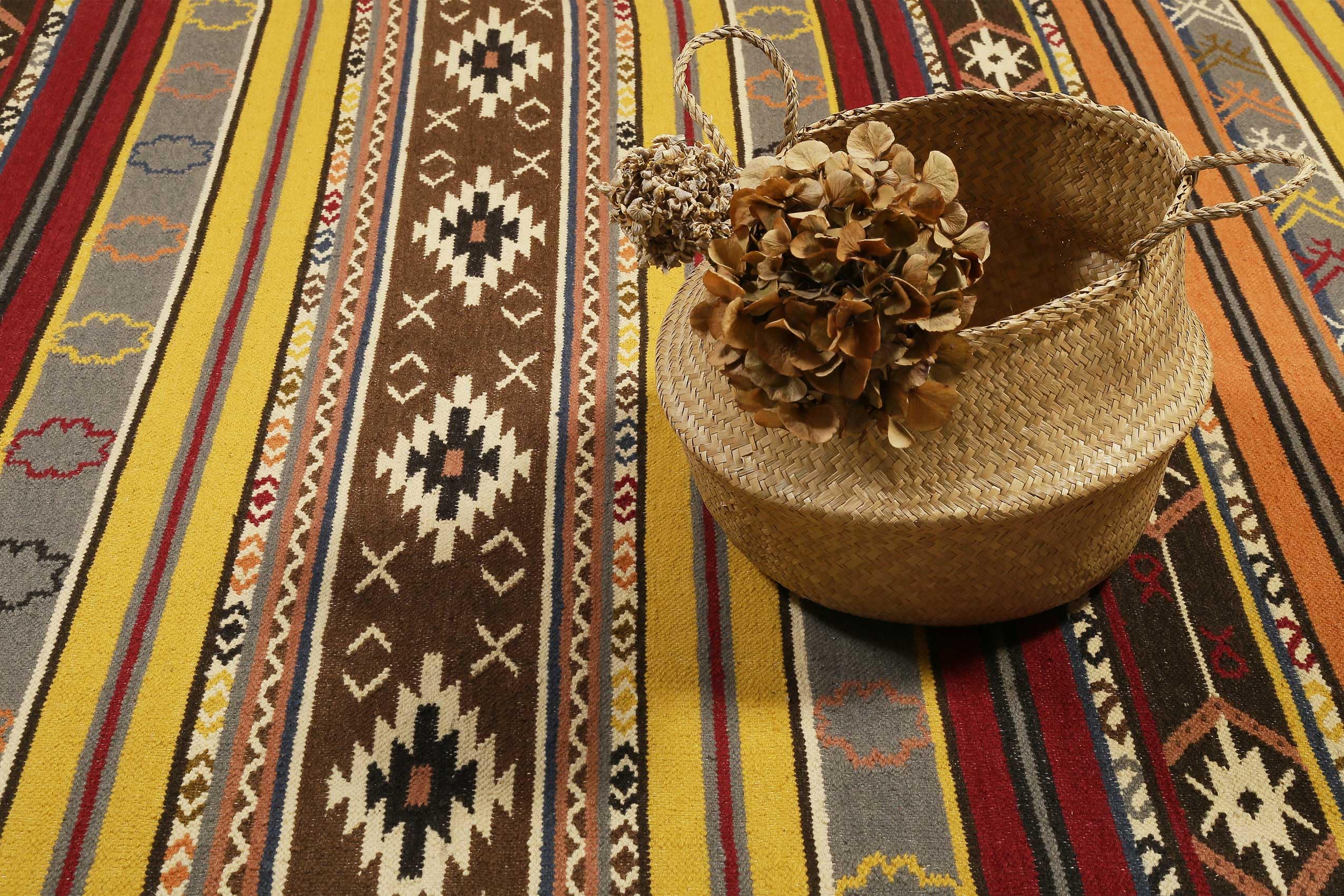 Kelim - Tappeto in lana migliore sostenibile, tessuto a mano, in fibra naturale, adatto per soggiorno, camera da letto, corridoio, casa Esprit (80 x 150 cm, marrone giallo)