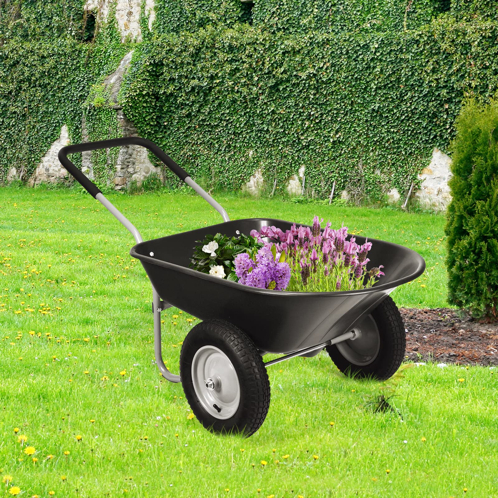 RELAX4LIFE Chariots de Jardin avec Cadre en Fer et Conteneur de 70 L, Brouette de Jardin avec Poignée en Caoutchouc et Roues Gonflables, Chariot, Capacité Max 100 KG pour Jardins/Fermes (Noir)