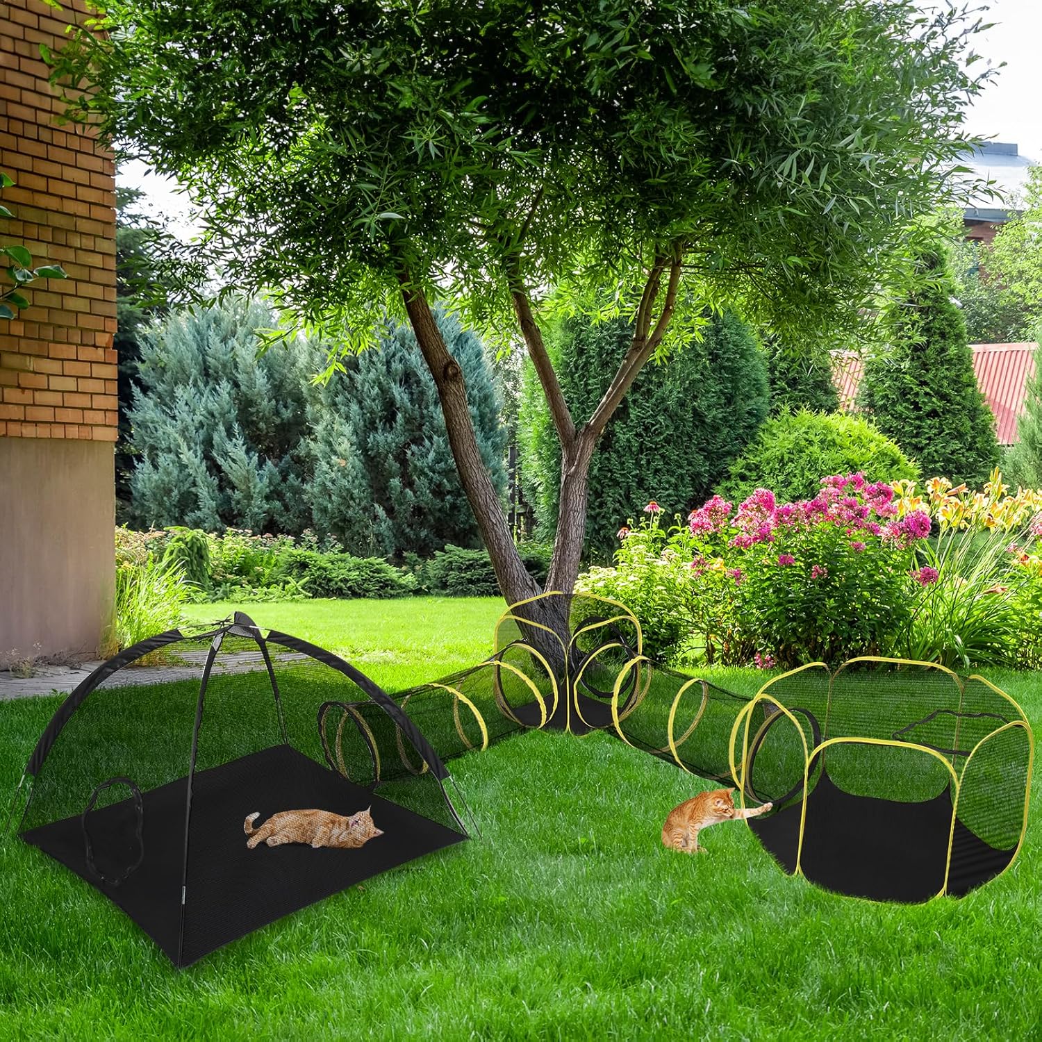 VINGLI Cat Tunnel, Outdoor Cat Enclosure, Large Catio, Outdoor Tunnels for Kittens with Storage Bag (Black&Yellow, 5 in 1)
