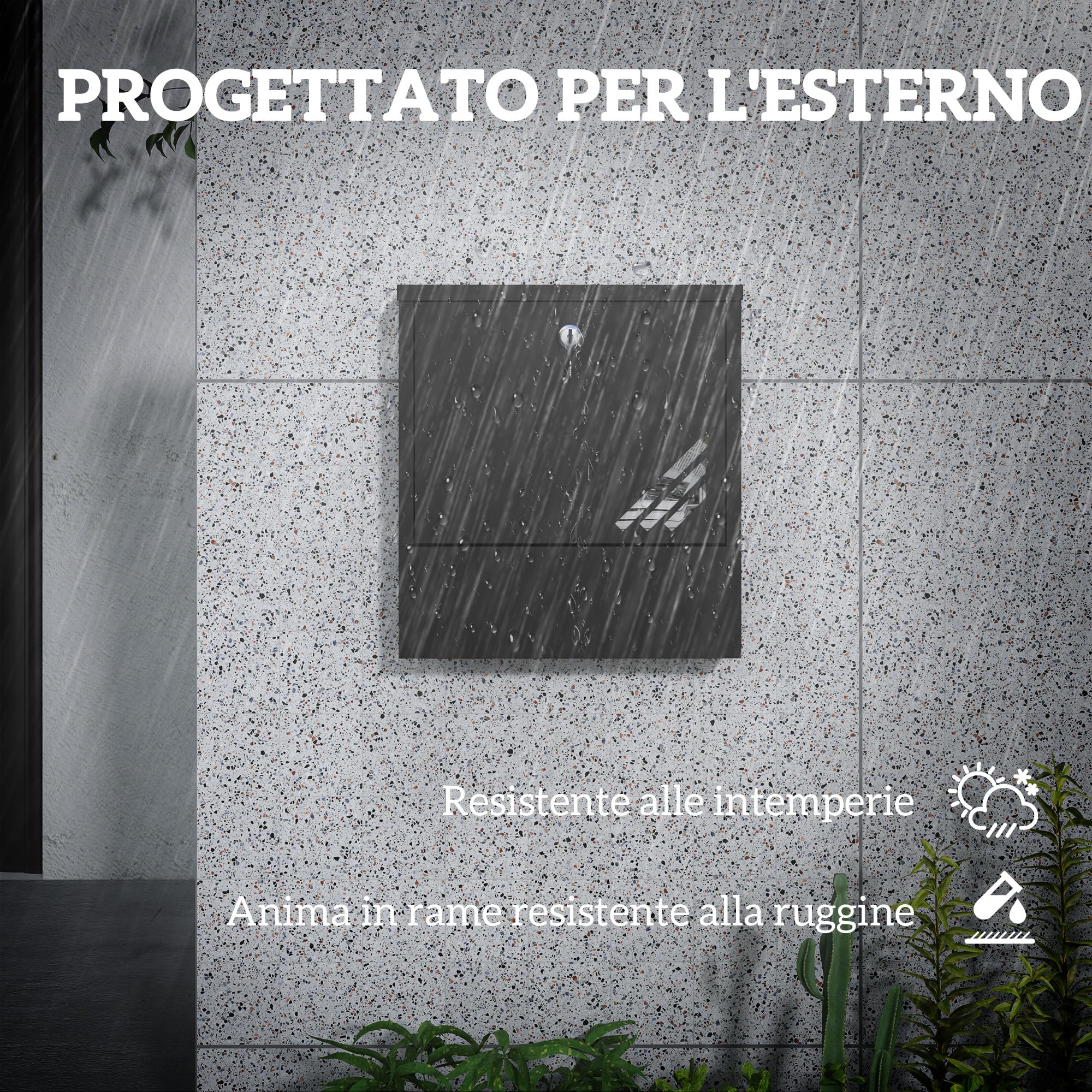 HOMCOM Cassetta Postale a Muro con Finestrella, Serratura e 2 Chiavi, Cassetta delle Lettere Max A4 in Metallo, 30x8.5x32.5 cm, Grigio Carbone