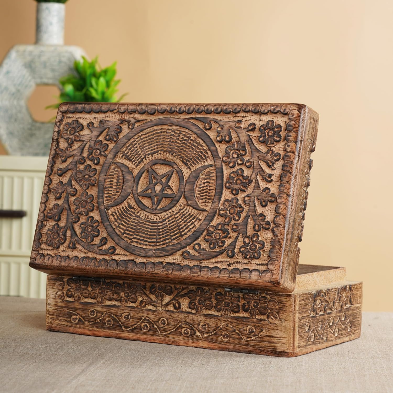 Ajuny Wooden Hand Carved Decorative Jewelry Box Moon Star Carvings Vintage Keepsake Storage Organizer Travel Treasure Chest Trinket Holder Case Great Gifts 8x5 Inch - Image 7