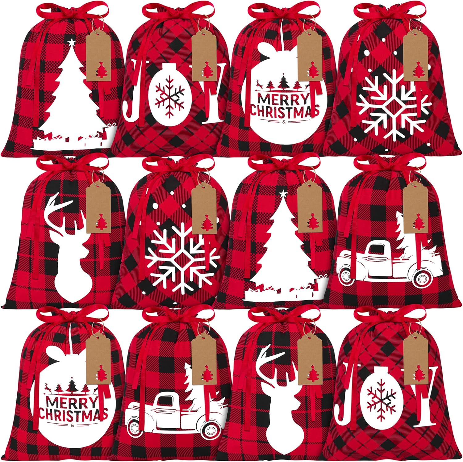 Aneco 12 Pieces Christmas Drawstring Gift Bags Red and Black Plaid Drawstring Bags with 24 Kraft Paper Tags and 16 Feet Rope Cotton Xmas Gift Bags for Christmas Party Supplies, 12 x 10 Inch