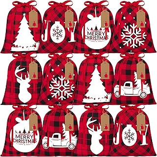 Aneco 12 Pieces Christmas Drawstring Gift Bags Red and Black Plaid Drawstring Bags with 24 Kraft Paper Tags and 16 Feet Rope Cotton Xmas Gift Bags for Christmas Party Supplies, 12 x 10 Inch