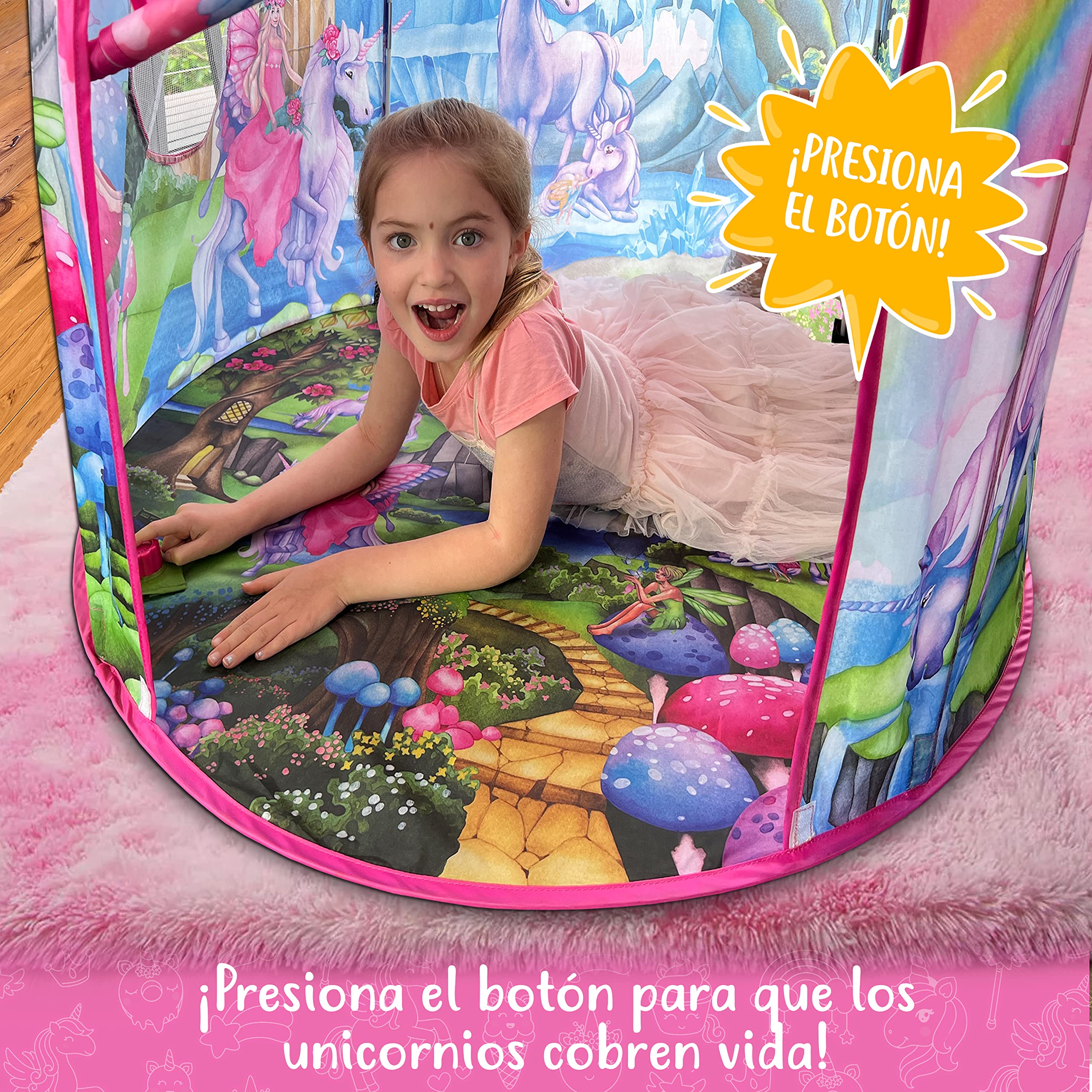 W&O Tienda de campaña de Unicornio arcoíris para niñas con sonidos mágicos y juguetes de unicornio, tienda de princesa para niñas