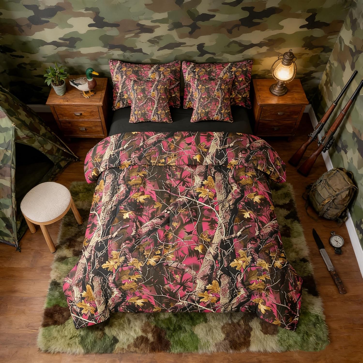 Feelyou Woods Pink Camouflage 7 Pieces Bedding Set, King Size Camo Print Bedding Bed in a Bag with Comforter, Sheets, Pillowcases Set Decor Cabin Rustic Bed Set Farmhouse Bedroom Decor
