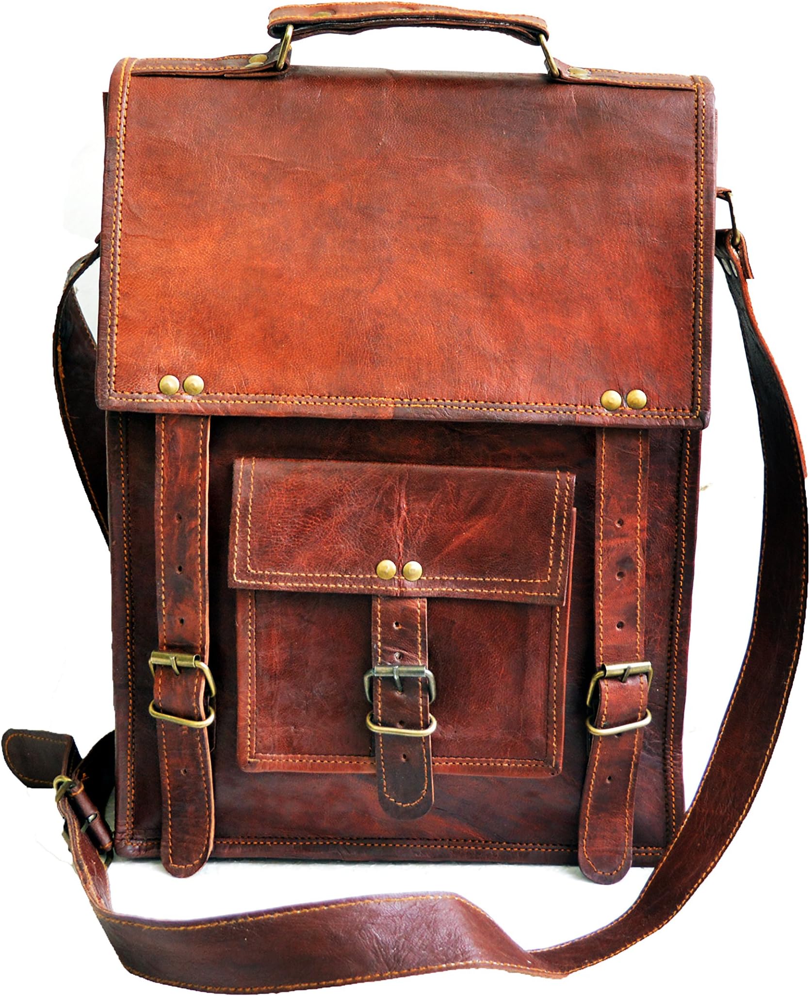 15" Genuine Leather Tall Vertical Laptop Satchel Messenger Bag Briefcase Men's