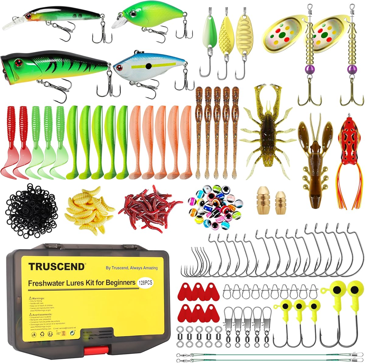 TRUSCEND Accesorios de pesca completos - Caja de aparejos con aparejos incluidos, anzuelos de pesca, cabezales de anzuelo, plomos, pesas, giratorios, broches, bobbers, líderes - Juego de equipo de pesca para lubina, trucha, panfish, walleye