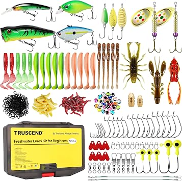 TRUSCEND Complete Fishing Accessories - Tackle Box with Tackle Included, Fishing Hooks, Jig Heads, Sinkers, Weights, Swivels, Snaps, Bobbers, Leaders - Fishing Gear Set for Bass Trout Panfish Walleye