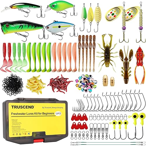 TRUSCEND Widely Used Fishing Tackle & Accessories Kit, Fishing Tackle Box with Tackle Included, Fishing Sinker Weight Hook Swivels Snap Leader Lures, Giftable Beginner Fishing Lures/Gear Set