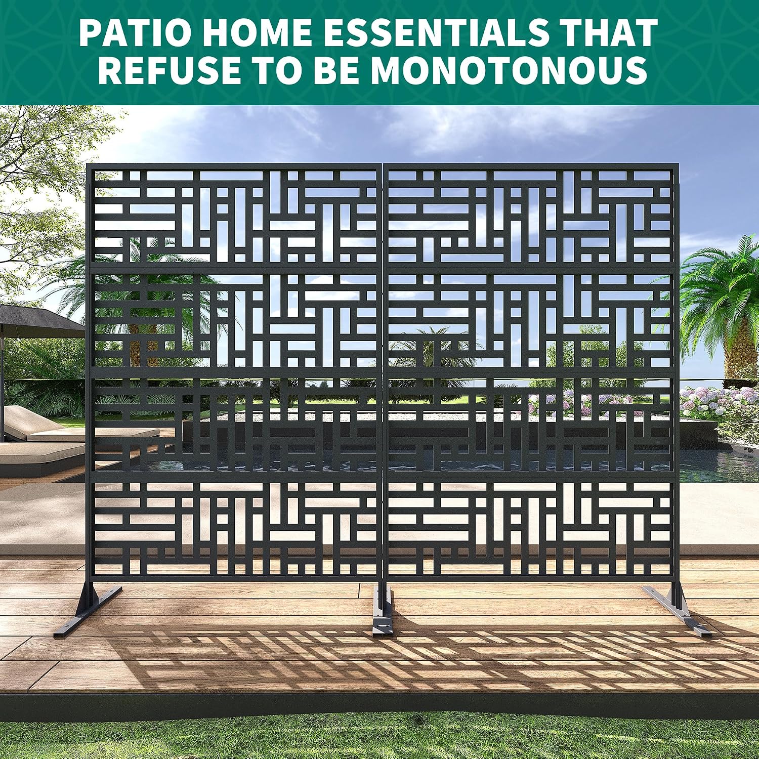 Metal Privacy Screen 46" x 71" - Freestanding Outdoor Divider with Stand Panels for Patio, Deck, Balcony & Garden | All-Weather Indoor/Outdoor Use​-Geometric