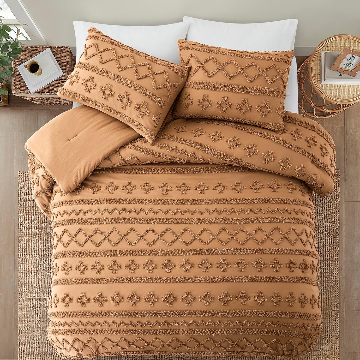 Oli Anderson Pumpkin Brown King Comforter Set Tufted Bedding Set King 3 Pieces, Boho Shabby Chic Comforter with 2 Pillowcases (Pumpkin Brown,King) - Image 6