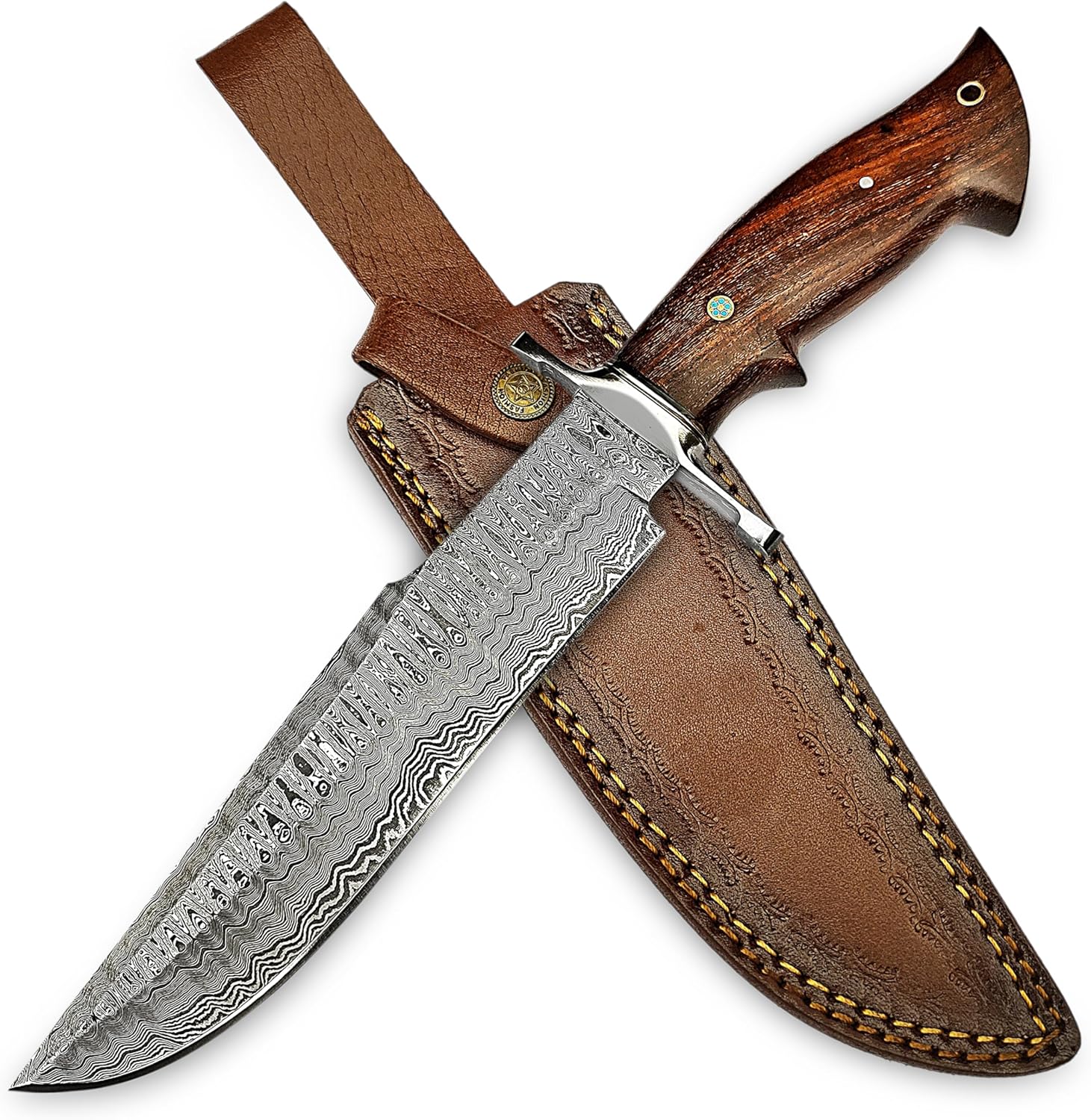 OCEAN KNIFE 15"" Inch Handmade Bowie Knife with Leather Sheath - Full Fixed Blade Hunting Knife - Damascus Steel Bolsters Ram Horn Handle, Black Silver