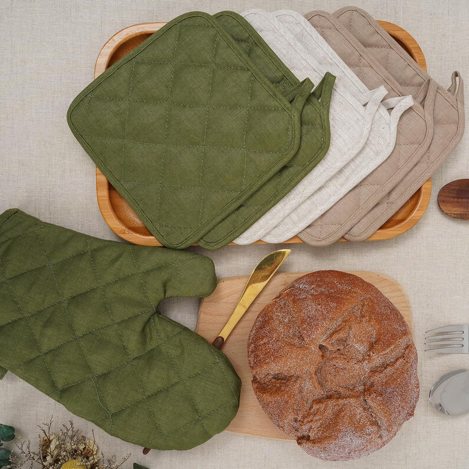100% Linen Oven Mitts and Pot Holders Sets, Double Linen Layer, Cotton Lining & Hanging Loop, Heat Resistant Kitchen Hot Pads and Mitts for Cooking Kitchenaid- Green