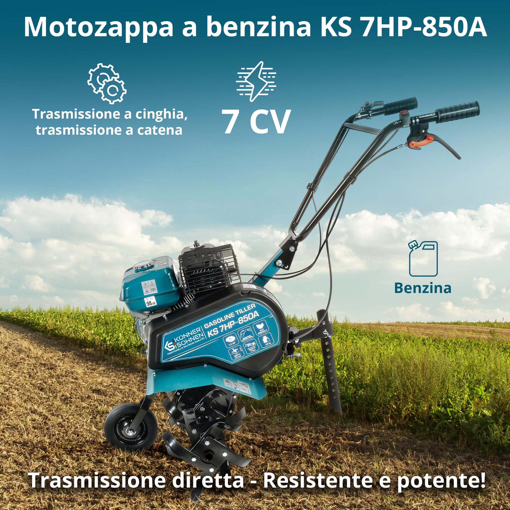 Könner & Söhn KS 7HP-850A Coltivatore a benzina con trasmissione a cinghia, fresa per giardino con fresa a sega forgiata, valvola di scarico regolabile, potenza del motore 7 CV