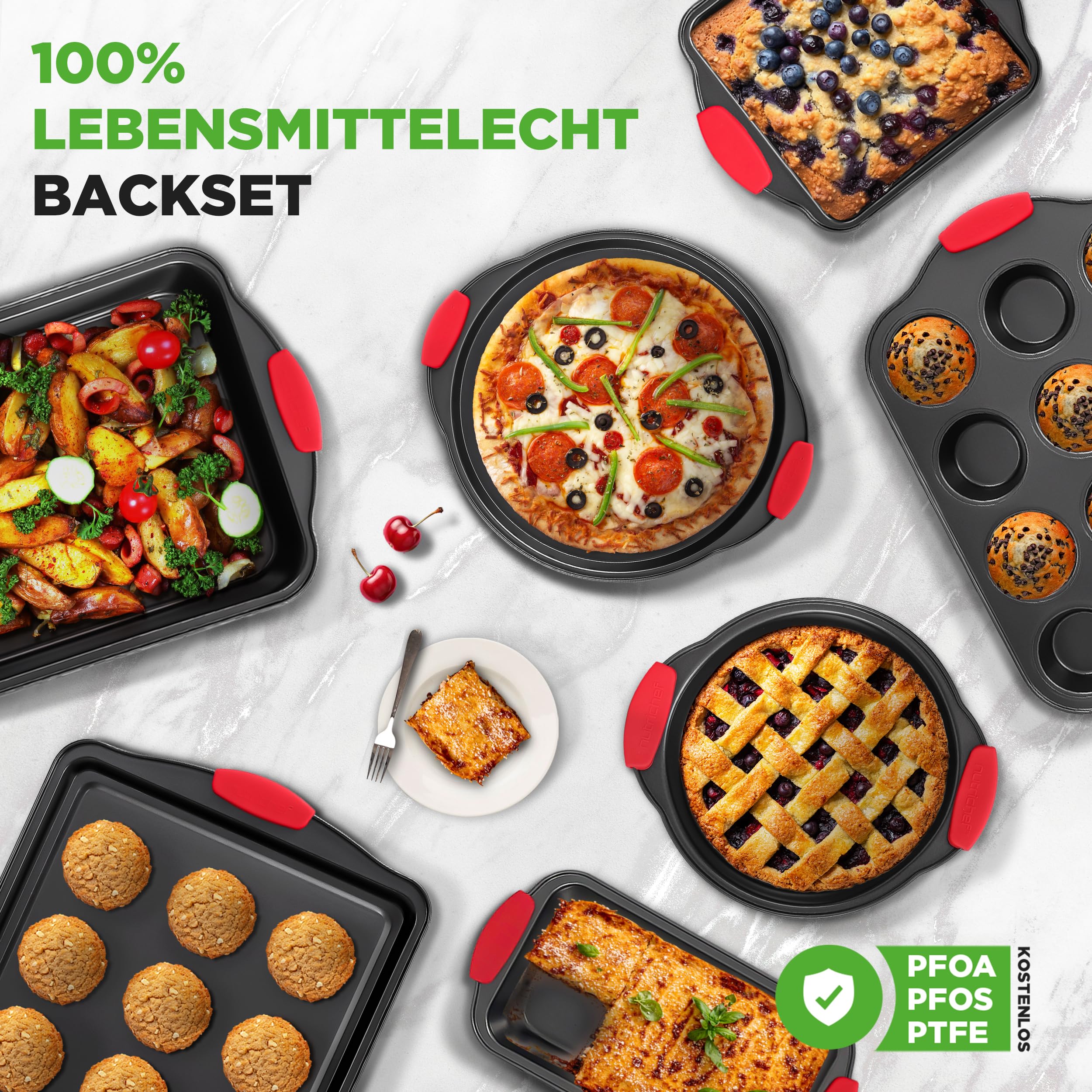 NutriChef 10-teiliges Backset aus Karbonstahl – Muffinform, Backblech, Brotbackform und rundes Pizzablech