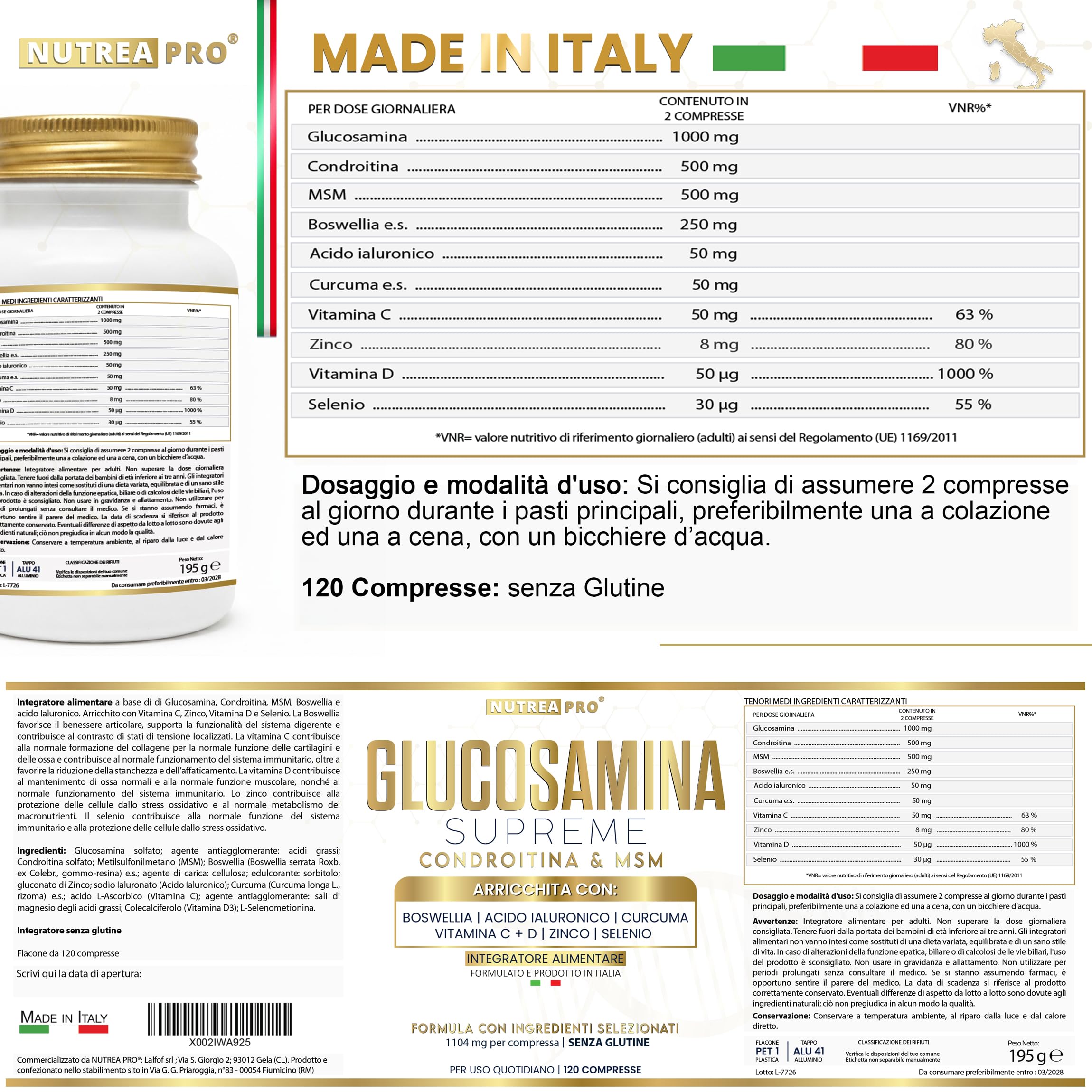 Glucosamina Condroitina MSM NUTREA PRO® | Formula Complex 2408 mg con Boswellia Serrata | 1000mg Glucosamina, 500mg Condroitina, 500mg MSM | integratore articolazioni e Mobilità | 120 Cps ITA