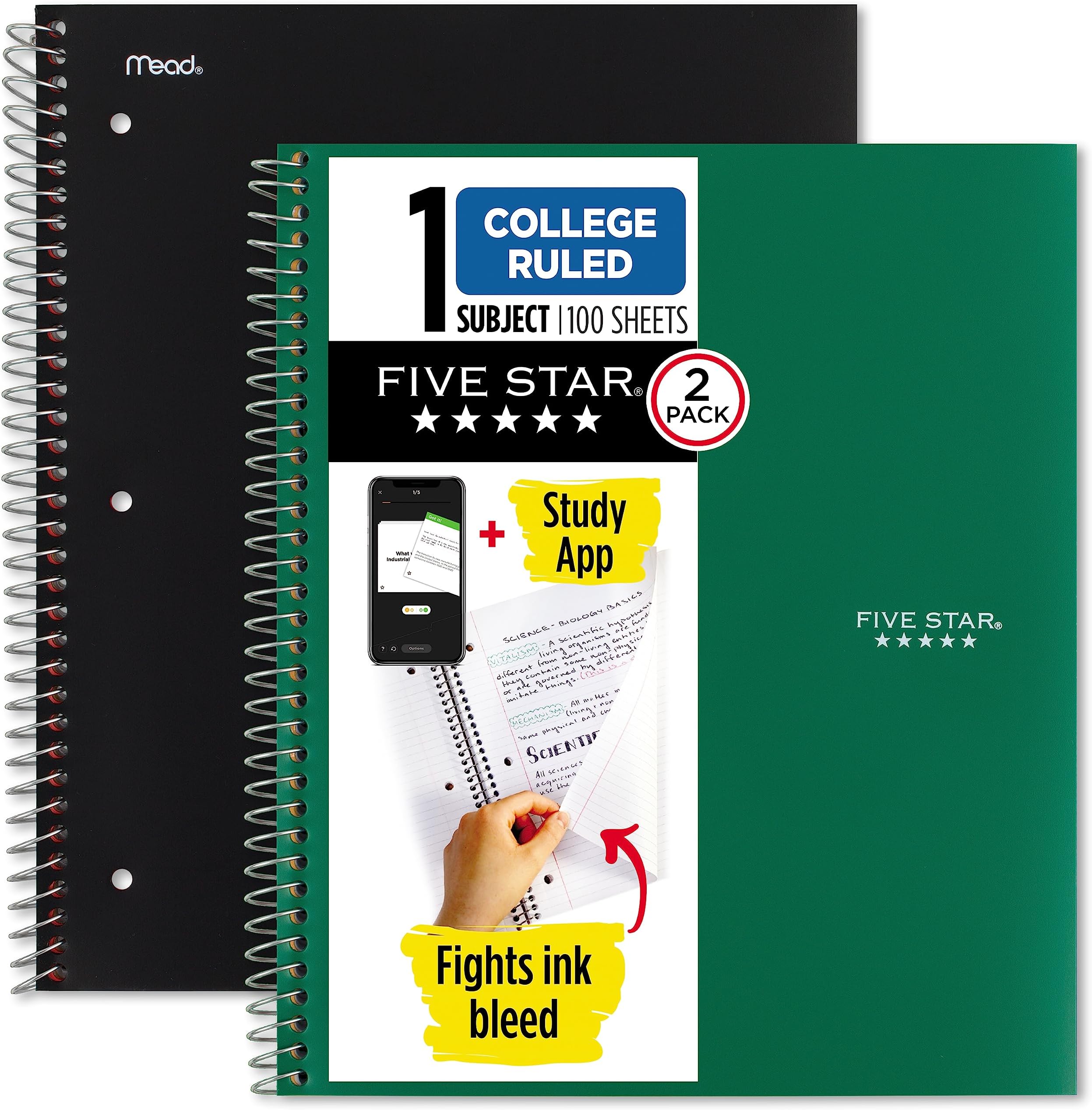 Spiral Notebook + Study App, 2 Pack, 1-Subject, College Ruled Paper, Fights Ink Bleed, Water Resistant Cover, 8-1/2" x 11", 100 Sheets, Black, Green (820187)