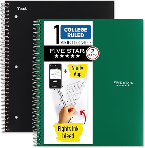 Five Star Spiral Defter + Çalışma Uygulaması, 2'li Paket, 1 Konu, Kolej Çizgili Kağıt, Mürekkep Kanaması ile Mücadele, Suya Dayanıklı Kapak, 2,5 cm x 11 inç, 100 Yaprak, Siyah, Yeşil (820187)