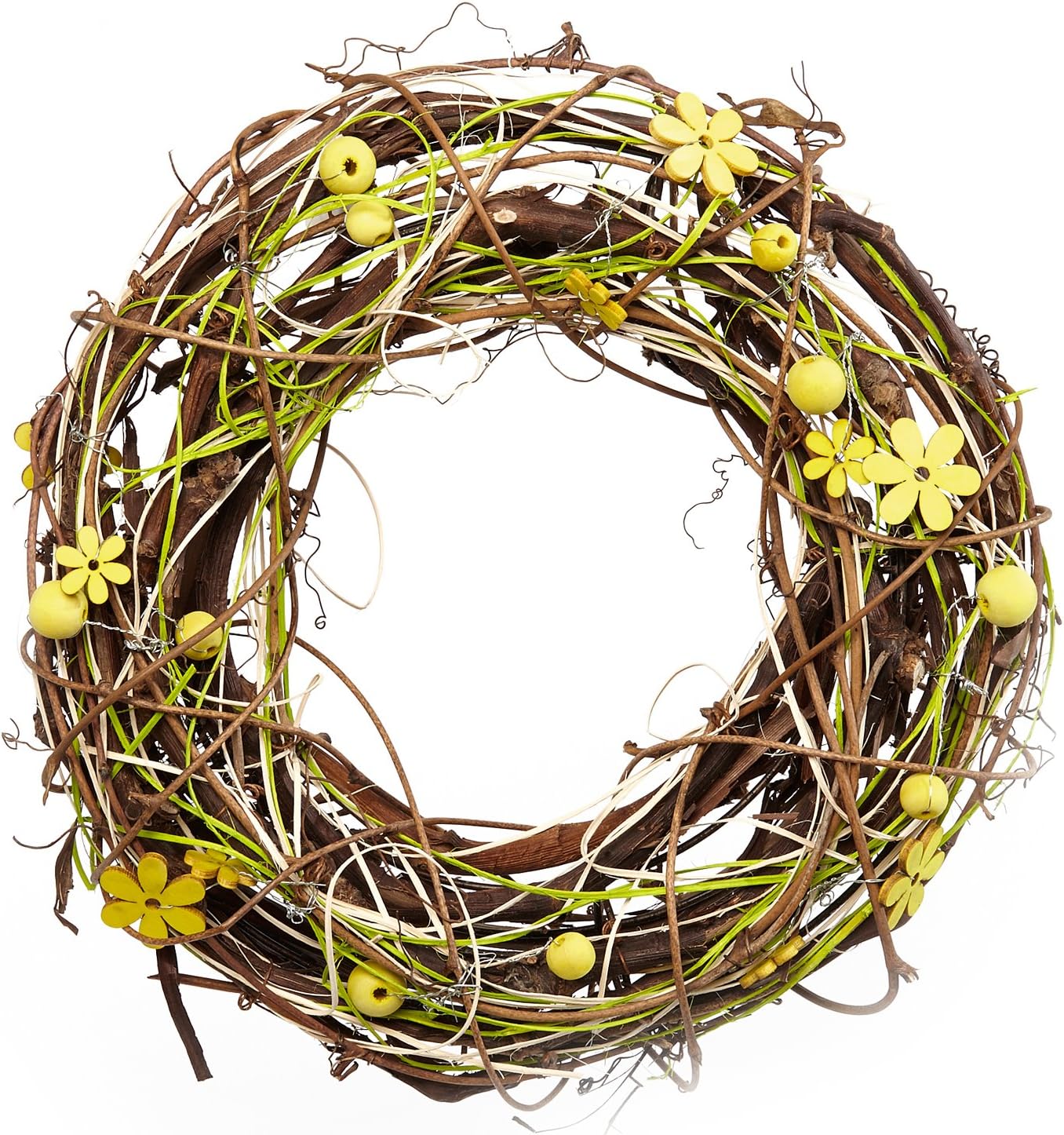 Heitmann Deco - Wall wreath with wooden flowers and balls - as a door wreath, room decoration and table decoration for spring and summer.