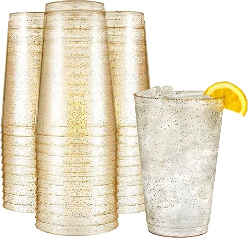 R-kay Vasos de plástico con purpurina dorada de 14 onzas para fiestas, paquete de 50 vasos de plástico dorados, vasos desechables duros, vasos