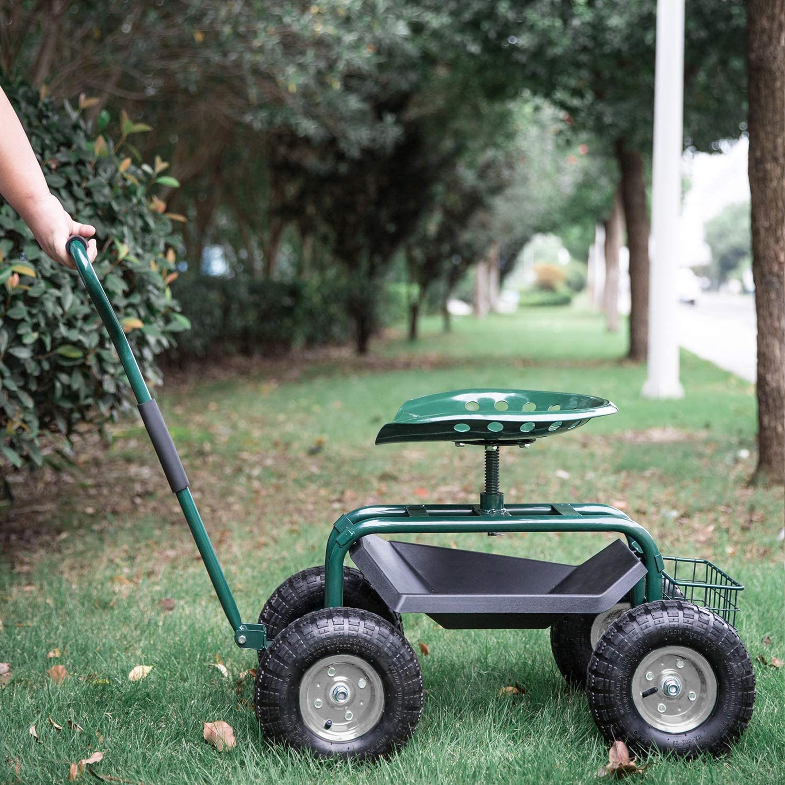 AXI AG22 Asiento de Jardin con Ruedas en Verde | Taburete de Jardinero con Caja de Almacenamiento | Carro de jardineria metalico con Carga MAX. 150 kg.