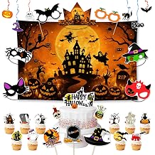 Allenjoy Halloween Night Party Decorations Set with Backdrop, Headbands, Masks, Cupcake Toppers, Hanging Swirls and Photo Booth Props, Party Supplies and Favors