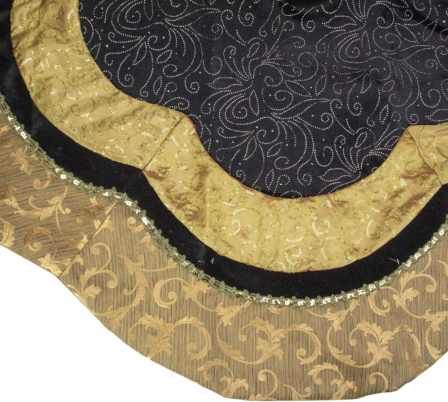 48" Black and Gold Velveteen Floral Scallop Christmas Tree Skirt