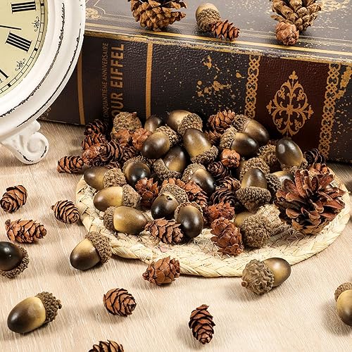 Miniatura 6 de Unittype 300 mini conos de pino de bellota incluyen 150 mini piñas naturales 150 bellotas artificiales con tapa natural, accesorio de bellota falsa