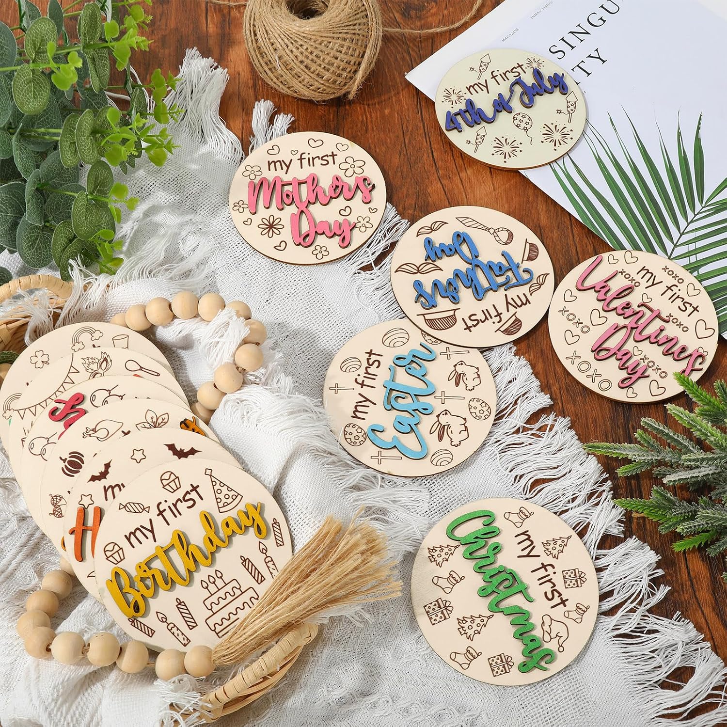 JarThenaAMCS 12Pcs First Holiday Baby Milestone Cards Double-deck Wooden Discs Announcement Sign Newborn Photography Prop for Pregnancy Baby Shower Party Gift Supplies