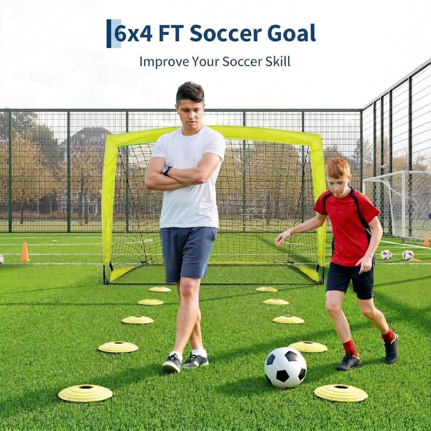 2 Pack 6x4 FT Soccer Goals for Backyard, Portable Pop Up Soccer Net with Soccer Ball, Cones, Ground Stakes, Soccer Practice Equipment for Backyard, Training, Competitive Play