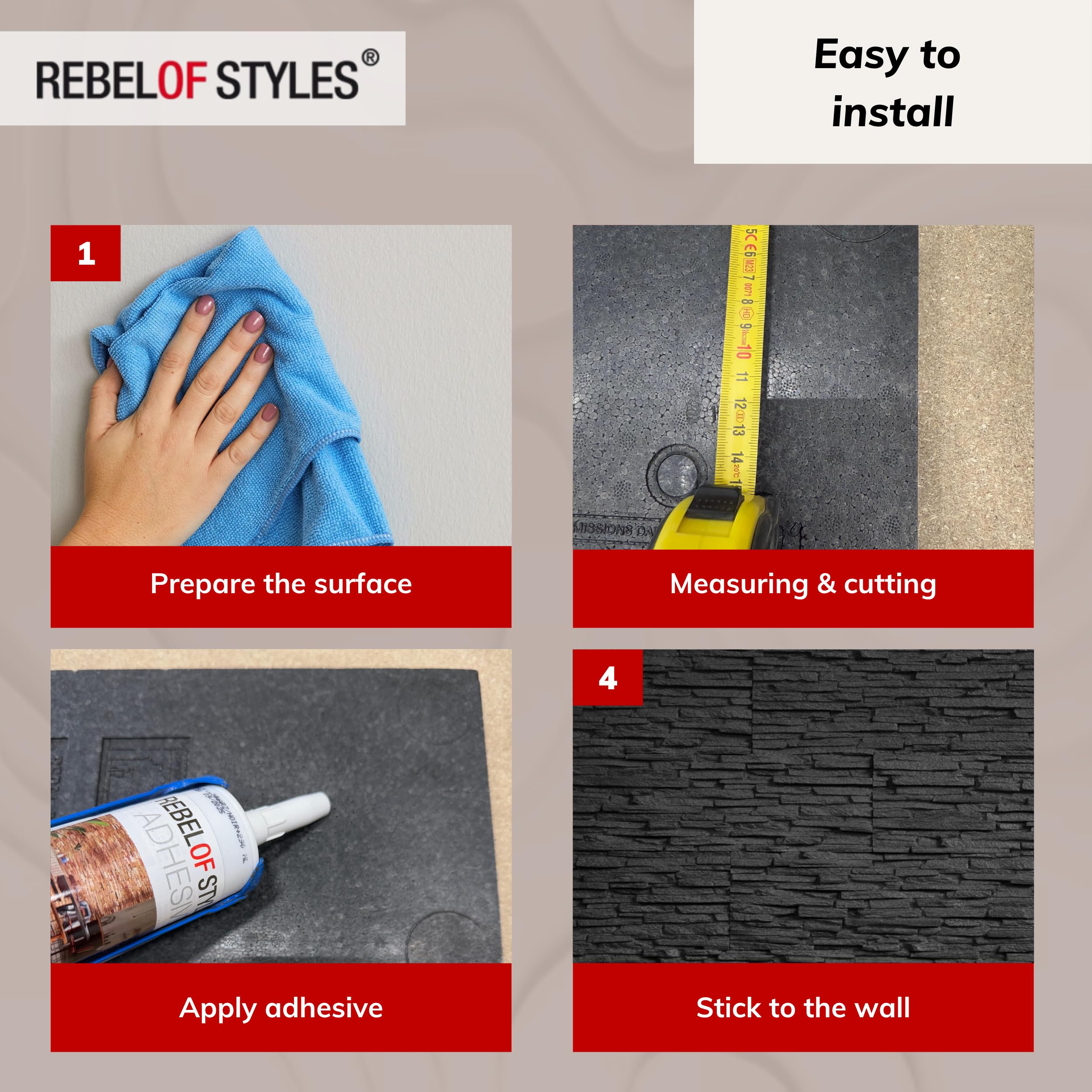Rebel of Styles - UltraLight Tasso Black - 0,63 m² / 6 pièces - Panneaux muraux/revêtements/plaques en EPS aspect pierre naturelle - Décoration murale en mousse avec isolation