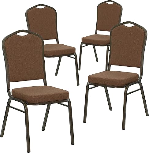 Miniatura 34 de Flash Furniture HERCULES Series - Silla apilable para banquetes con respaldo de corona en tela estampada marrón, marco de vena dorada